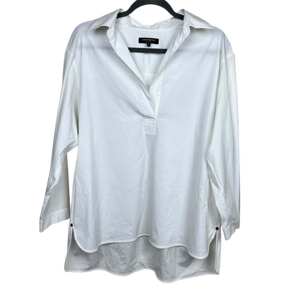 Lafayette 148 Embellished Split Neck Pullover poplin Tunic Shirt M White